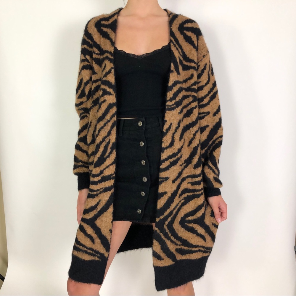 Long line fuzzy knit tiger cardigan